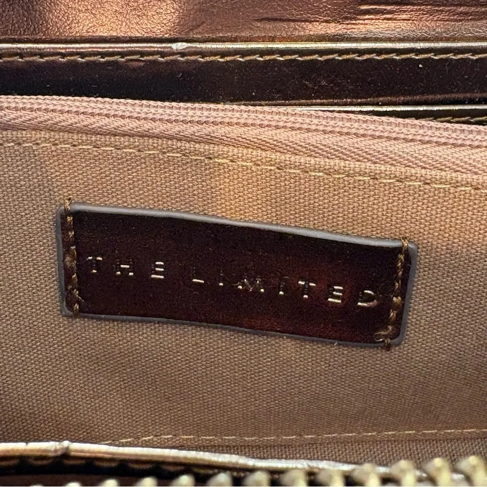 The Limited Tan and Gold Wallet Wristlet Clutch Gold Tassle Chain Beige striped